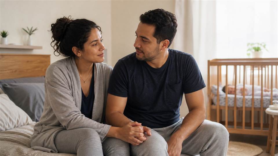 Pareja conversando y apoyándose después de tener un bebé
