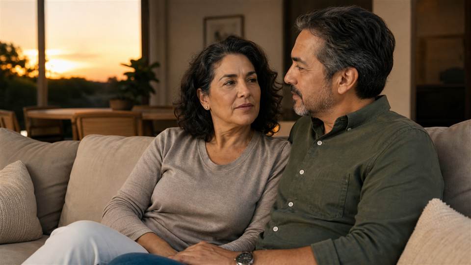 Pareja madura conversando sobre menopausia e intimidad
