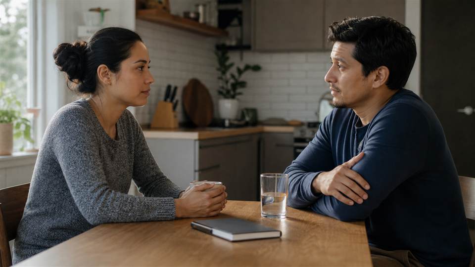 Pareja conversando con calma sobre adicción y límites