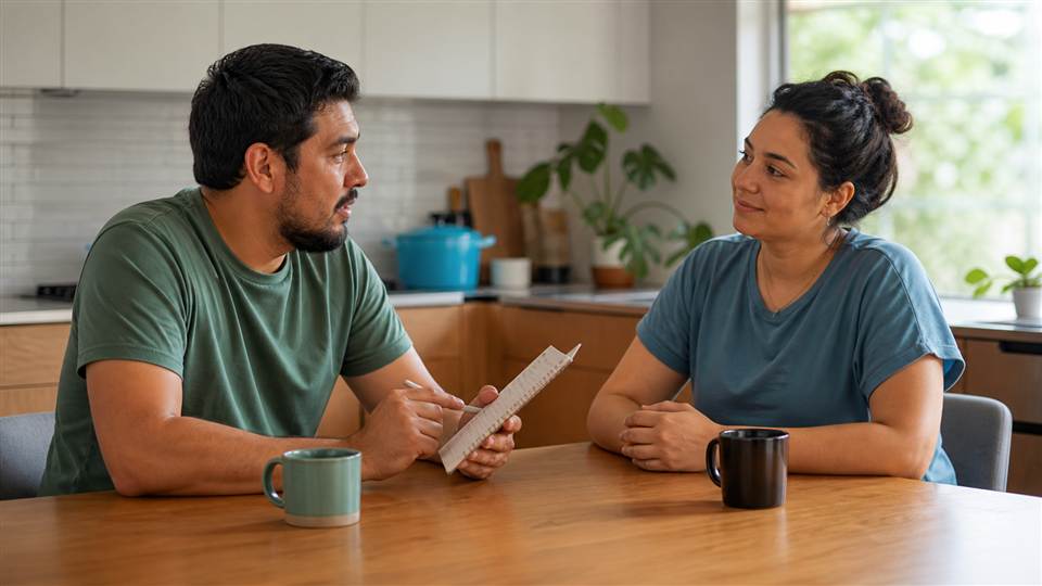 Pareja conversando con una lista de acuerdos en un ambiente tranquilo