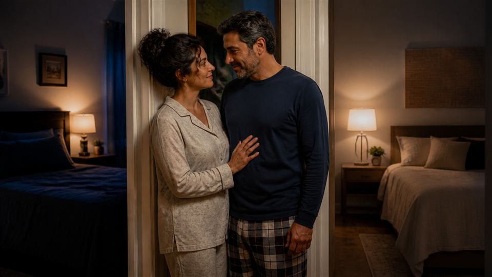 Pareja despidiéndose con afecto antes de dormir en habitaciones separadas